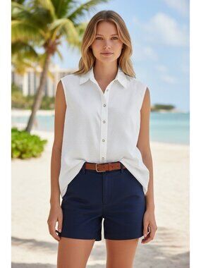 Bit & Bridle Womens Size L White Swiss Dot Pearl Snap Sleeveless Shirt Resort